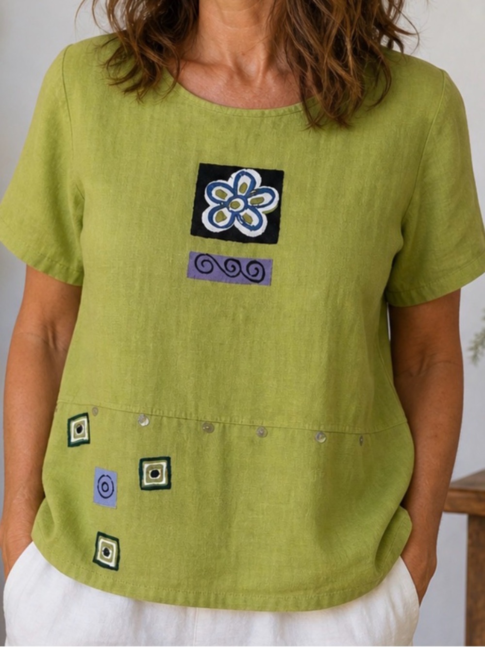 Cover Charge Linen Art Top Green Patchwork Floral Boho 3XL